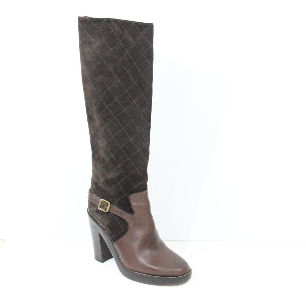 Michael Kors Tall Brown Boots sz 7 Women Shoes Leather Heel MK Quilted Suede